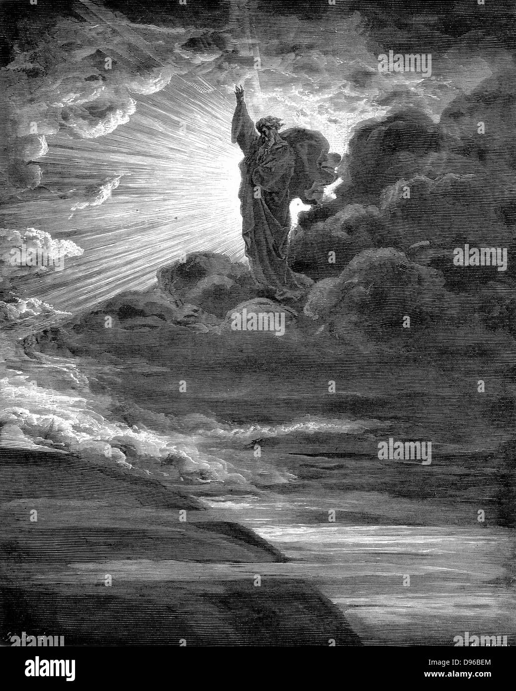 God creating light. Old Testament: Genesis. From Gustave Dore's illustrated 'Bible', 1866. Wood engraving Stock Photo