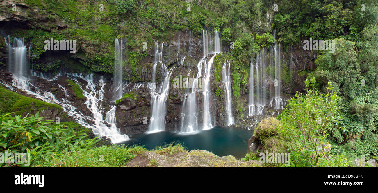 Panoramic view of the Grande Coude waterfall on the French island of Reunion in the Indian Ocean. Stock Photo