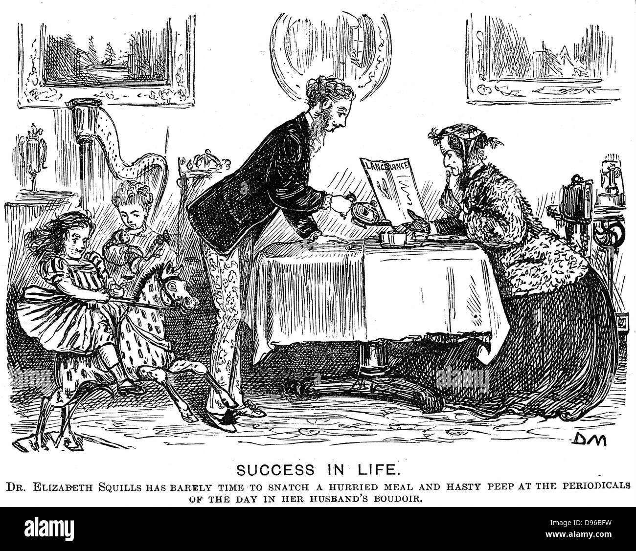 Success in Life: Role reversal and the modern professional woman. George du Maurier cartoon for 'Punch Almanack for 1867'.  In 1865 Elizabeth Garrett Anderson (1836-1917) was licensed to practice by the Society of Apothecaries. Stock Photo