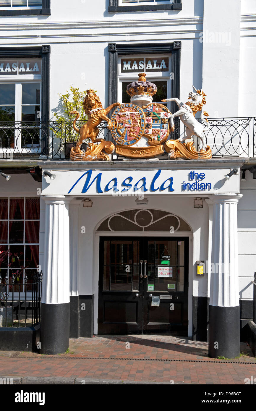 Masala Indian restaurant in the former Royal Victoria Hotel, Tunbridge Wells with arms of the Duke and Duchess of Kent overhead Stock Photo