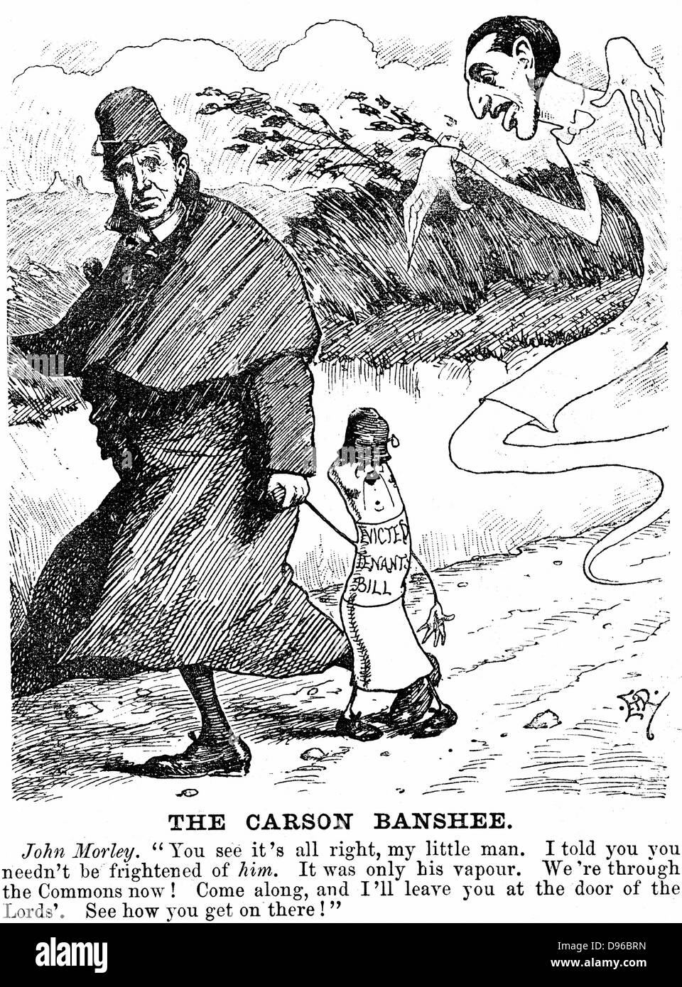 John Morley (1838-1923) British Secretary for Ireland, holding the hand of the Evicted Tenant Bill he has shepherded through House of Commons, telling it not to be frightened of Edward Carson (1854-1935) Cartoon from 'Punch', London, 11 August 1894. Stock Photo