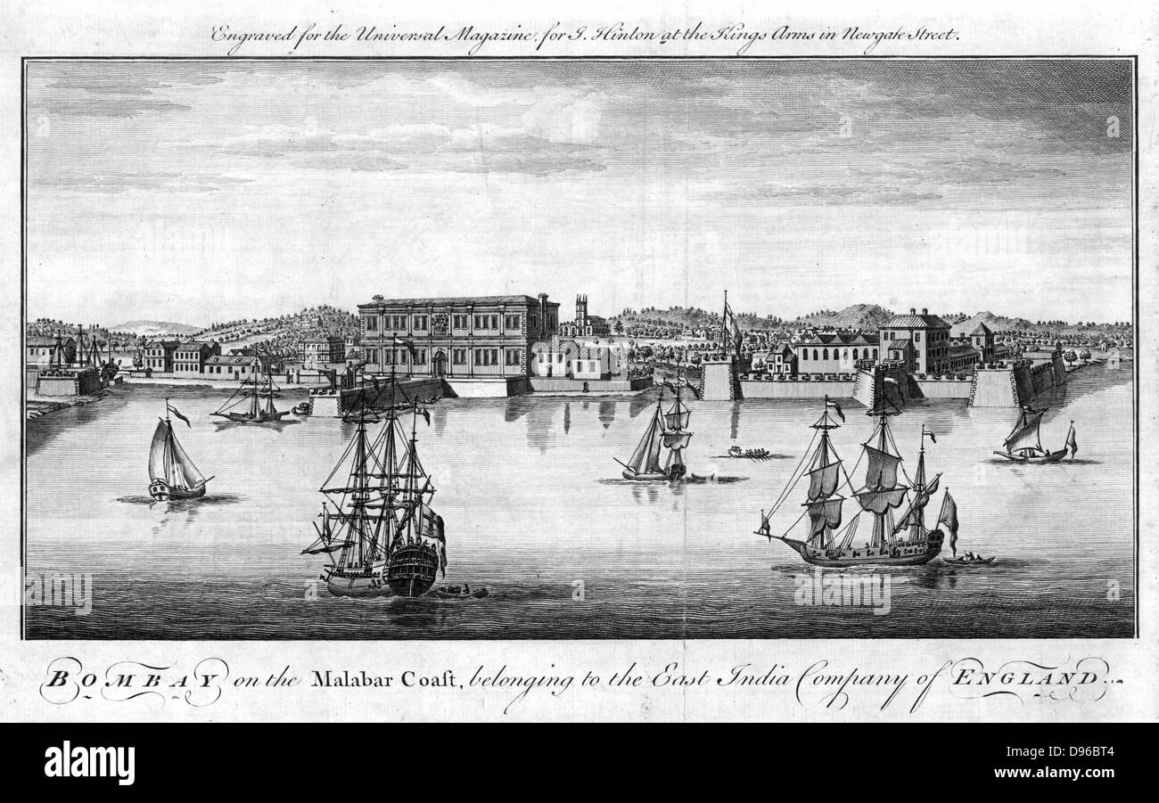 Bombay, East India Company of England's port on the Malabar Coast of India, with Company trading vessels in the foreground and quayside warehouses and buildings behind. Copperplate engraving, London, 1755. Stock Photo