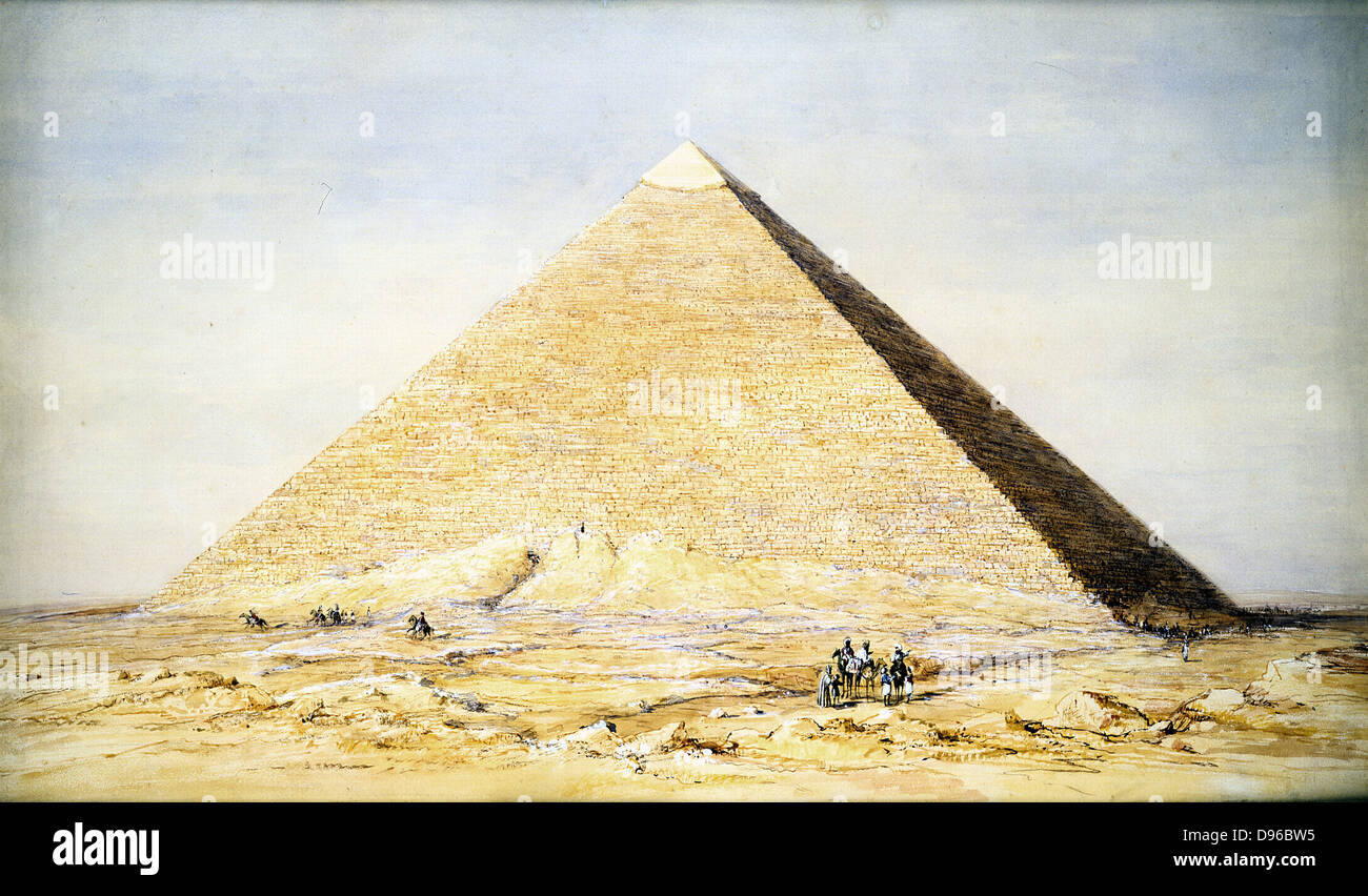 Great Pyramid of Cheops (Khufu) at Giza (Gizeh, El Giza) Old Kingdom c2686-2160 BC. Pyramids on of the Seven Wonders of the World. Watercolour of 1831 by Francis Arundale (1807-53) English architectural draughtsman. Stock Photo