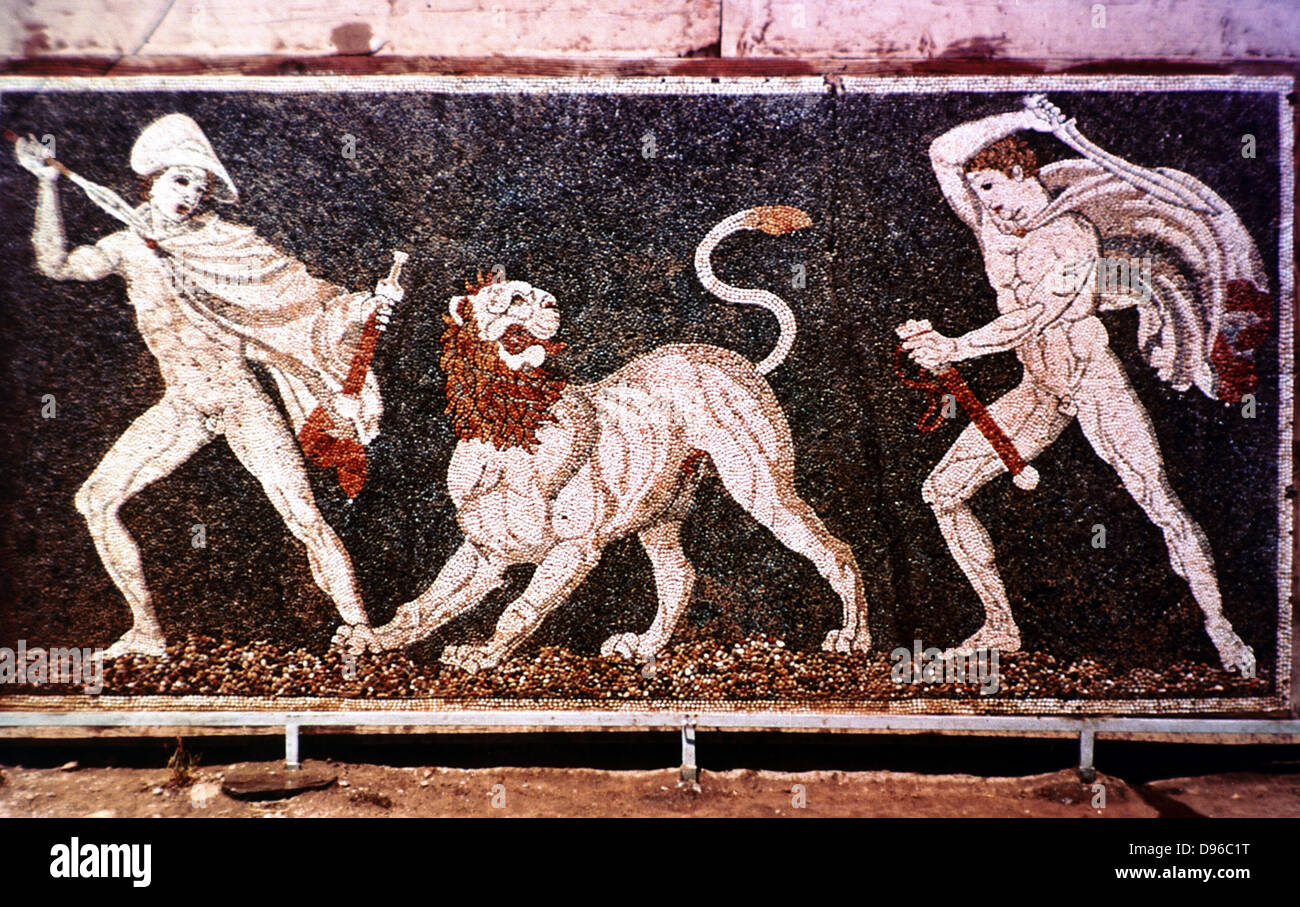 The Lion Hunt' Alexander the Great and Hephestion (Hephaestion)? hunting lion. Mosaic from the