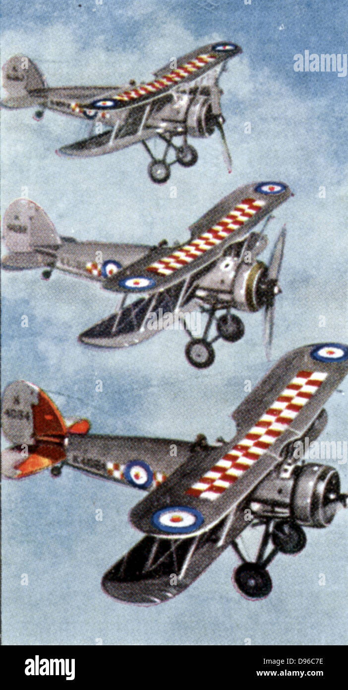 Air Raid Precautions': Set of 50 cards issued by WD & H0 Wills, Britain 1938, in preparation for the anticipated coming of World War II.  Gloucester Gauntlet Interceptor Fighters. Stock Photo