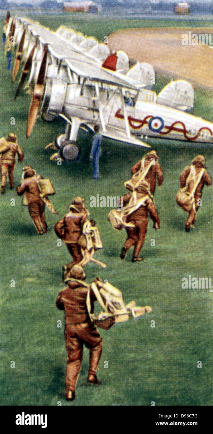 Air Raid Precautions': Set of 50 cards issued by WD & H0 Wills, Britain 1938, in preparation for the anticipated coming of World War II. Pilots practicing scrambling their Interceptor fighters . Stock Photo