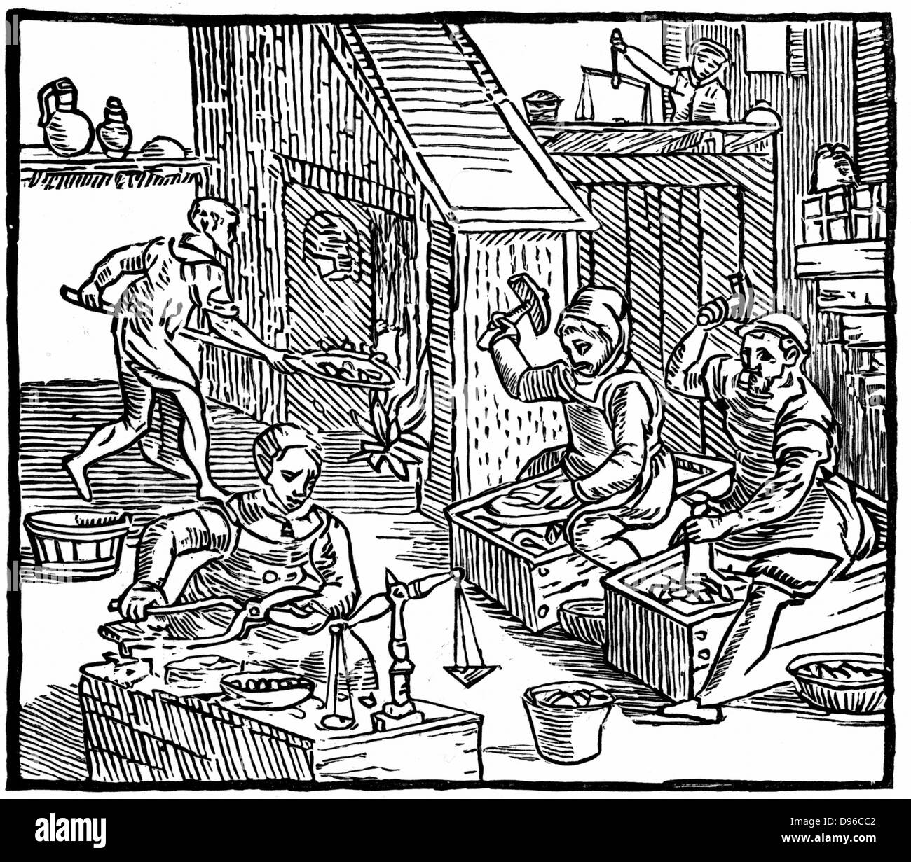 Coiners at work: Interior of a mint showing coins being stamped out and weighed to see they contain correct amount of metal.  From Ralph Holinshead 'Chronicles of England, Scotlande and Irelande' 1577. Debasement of coinage by clipping was a problem until the introduction of coins with milled (patterned) edges in late 17th/ early 18th century. Woodcut . Stock Photo