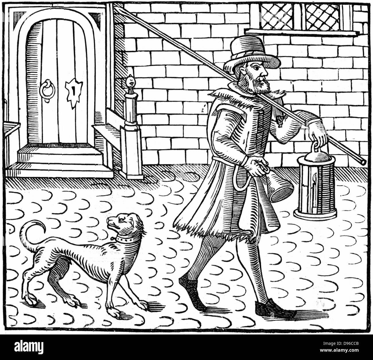 The Bellman of London: Title page of ballad in the Bagford Collection (British Museum) showing London night-watchman going on his rounds with bell, lantern and pike, with his dog at his heels. Such a figure would have been a familiar one in late 16th and early 17th century cities. Woodcut 1616 . Stock Photo