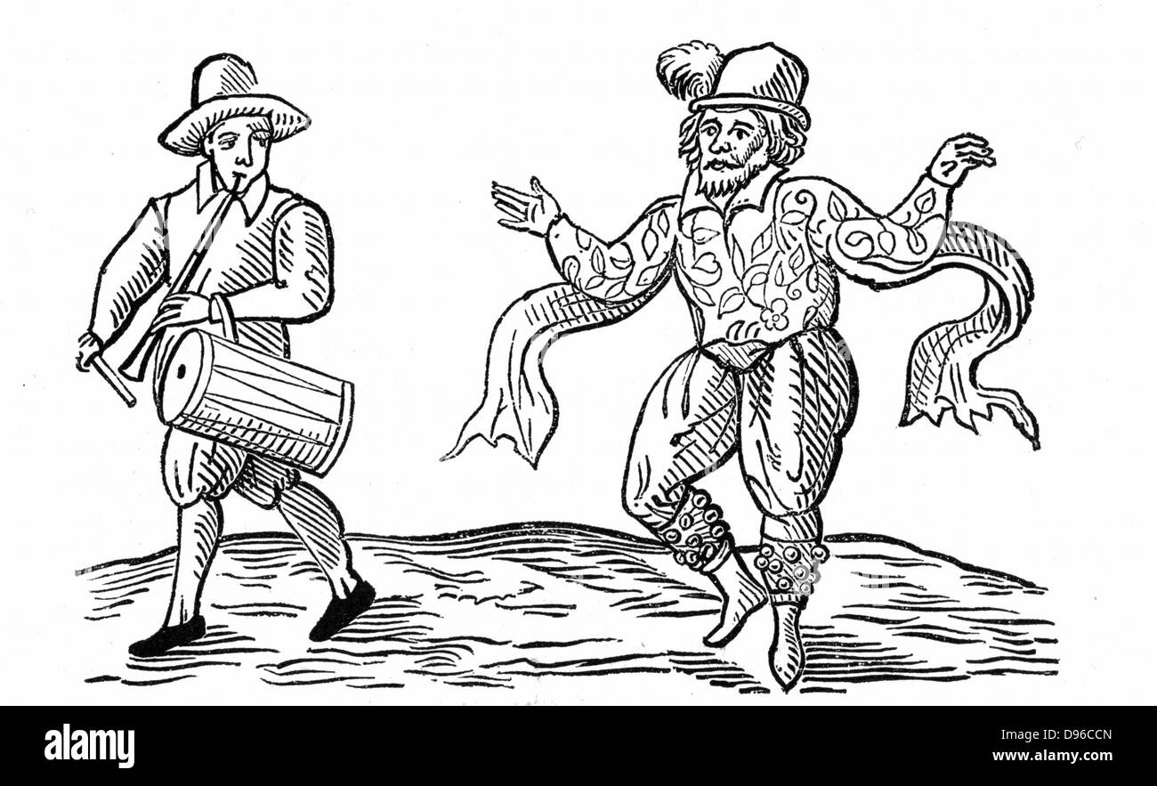William Kemp or Kempe (d1603) Elizabethan comedian who danced from Norwich to London in 1599.  Here Kemp, with bells on his legs, is dancing the Morris, and is accompanied by man with pipe and drum. Woodcut 1600 Stock Photo