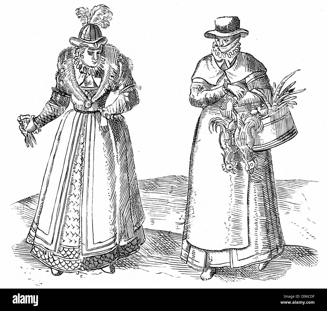 English countrywoman carrying basket of chickens and wearing apron over plain clothes (right). On left is a lady of the Court with fur-trimmed coat over embroidered dress.  Sumptuary laws dictated what each caste of society could wear.  Engraving from Braun 'Civitates Orbis Terrarum' 1572 Stock Photo