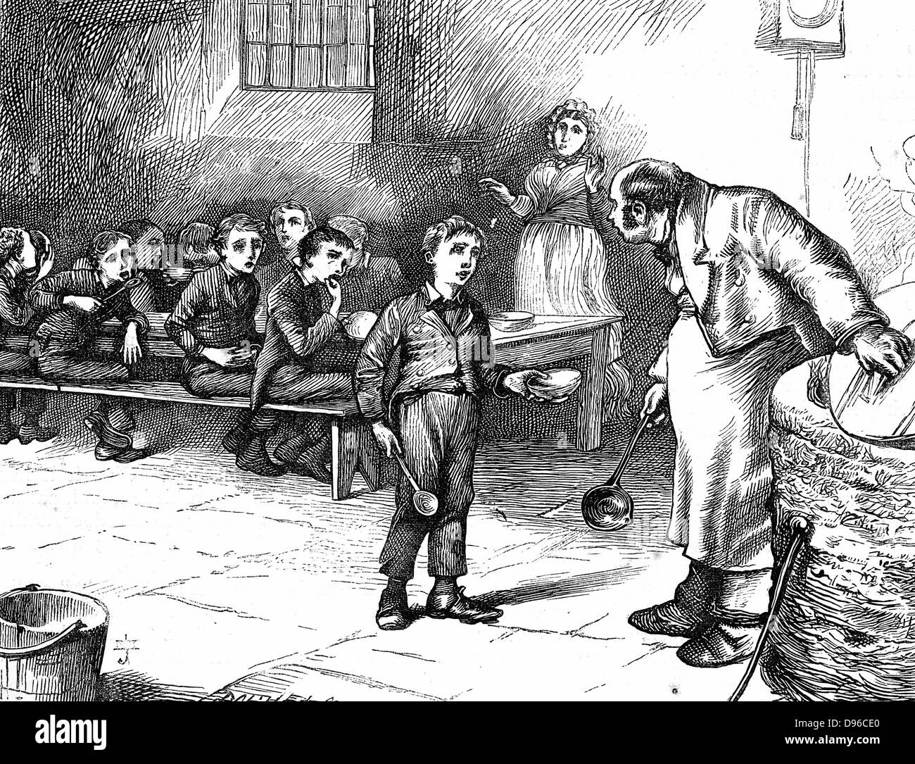 Oliver Twist causing a sensation in the children's ward of the workhouse by asking for a second helping of porridge. In the background his starving companions polish their bowls and spoons in their hunger. Illustration by J Mahoney (active 1856-1876) for Household Edition of Charles Dickens 'The Adventures of Oliver Twist', London, 1871. Engraving. Stock Photo