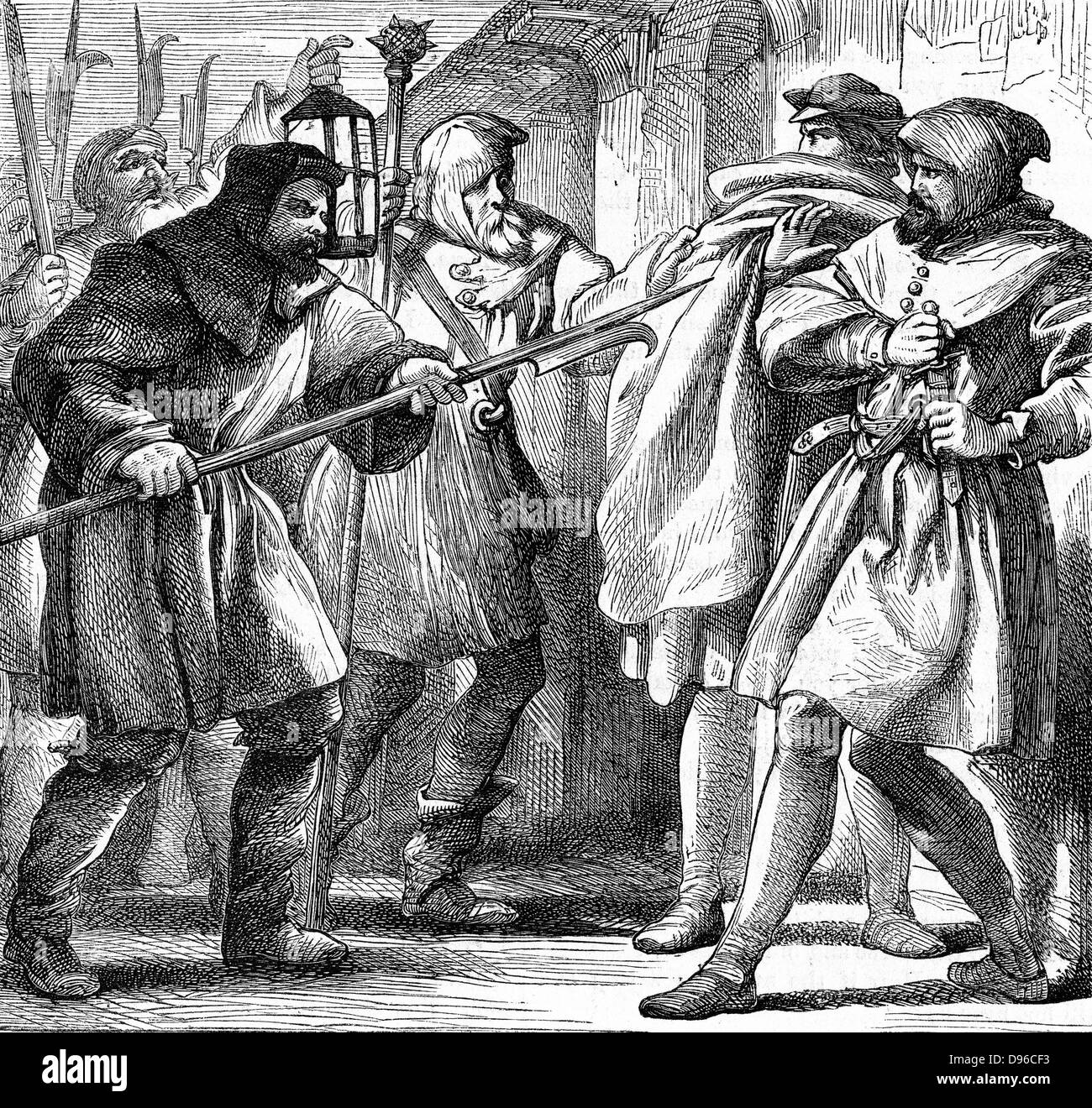 William Shakespeare 'Much Ado About Nothing', play first performed c1598.  Dogberry and Verges, local constables of the watch, with the night-watchmen, confronting Conrade and Borachio.  Illustration by Henry C Selous (1811-90) showing watch men with their pikes and lantern. There is evidence that the part of Dogberry was written for the Elizabethan comedian William Kemp or Kempe (d1603).  Wood engraving 1870. Stock Photo
