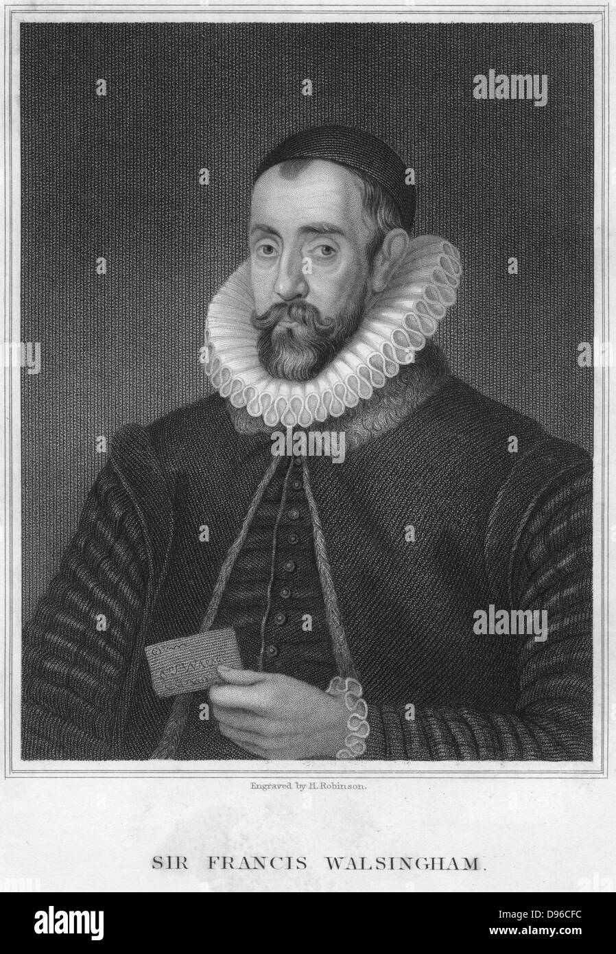 Sir Francis Walsingham, Secretary of State to Elizabeth I, late 16th century. English statesman Walsingham (1530-1590) was principal secretary to Queen Elizabeth I from 1573 until th eyear of his death. He was a skilled diplomat whose knowledge of languages and capacity to organize espionage activities made him invaluable in the execution of Elizabeth's foreign policy. From 'Portraits of Illustrious Personages of Great Britain' by Edmund Lodge, London, 1840. Stock Photo