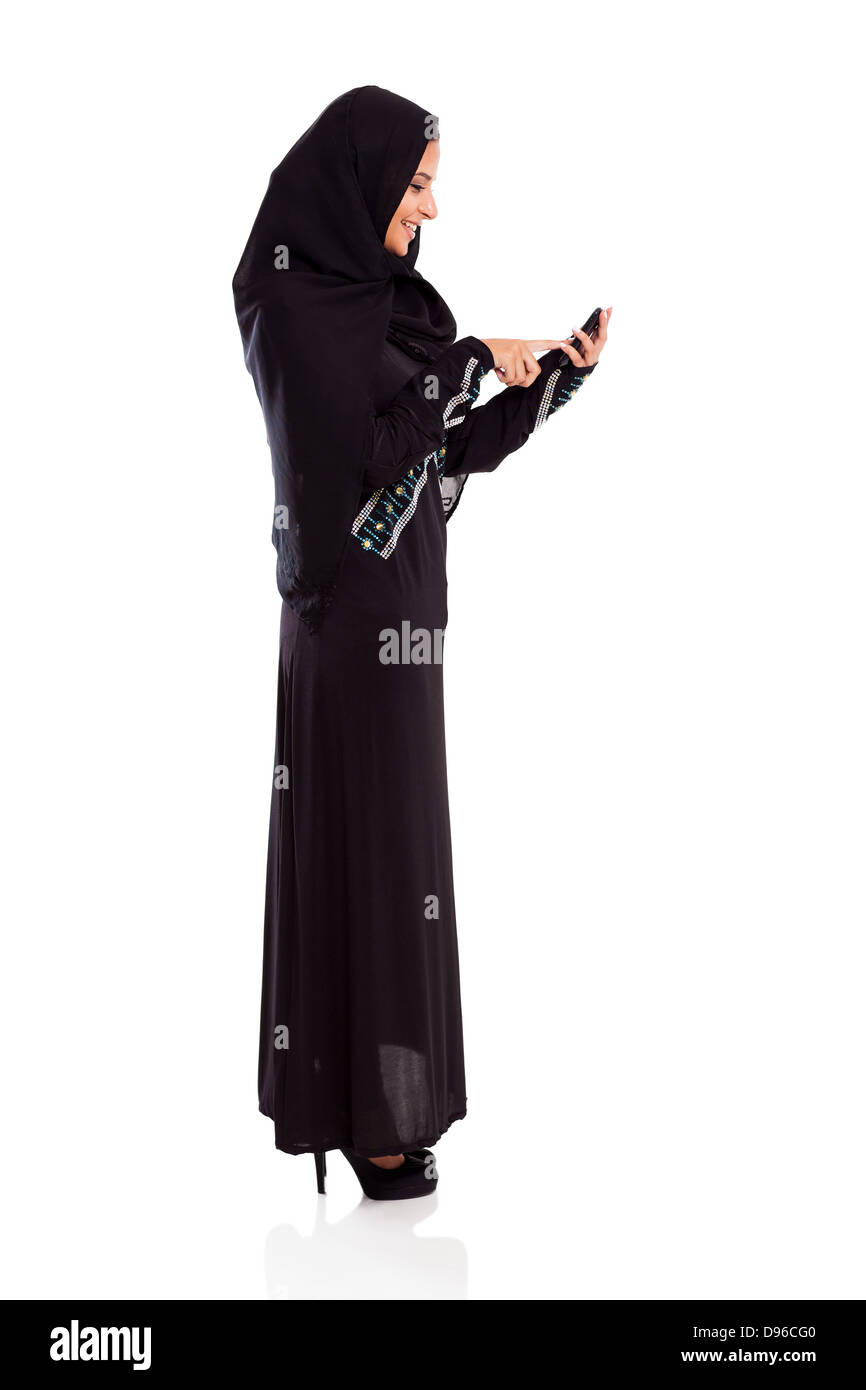 pretty modern Arabian woman using smart phone on white Stock Photo - Alamy