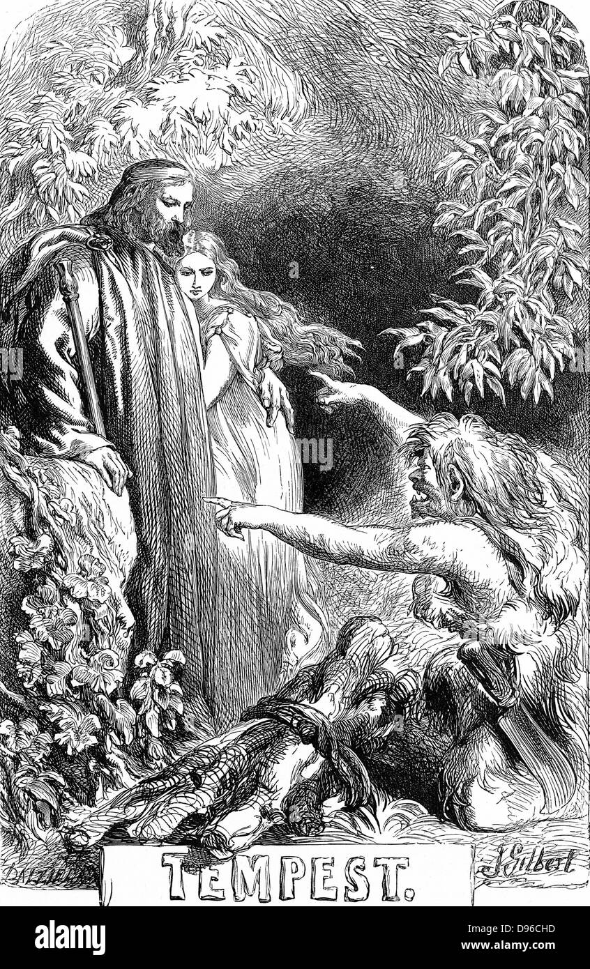 Prospero, holding his daughter Miranda, regards Caliban, a savage, deformed, sub-human creature, whom he has enslaved. Illustration by John Gilbert (1817-1897) for 'The Tempest' for edition of Shakespeare's Works published 1856-1858. Play first performed  c1611. Engraving. Stock Photo