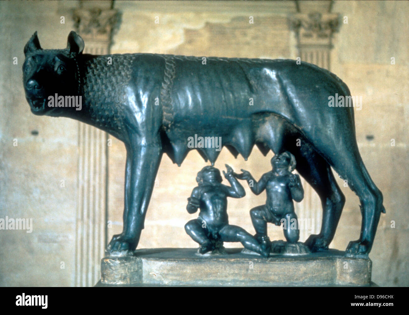 Romulus and Remus the legendary twin founders of Rome being suckled by the she-wolf. Bronze c500 BC. Museo Capitolino, Rome Stock Photo