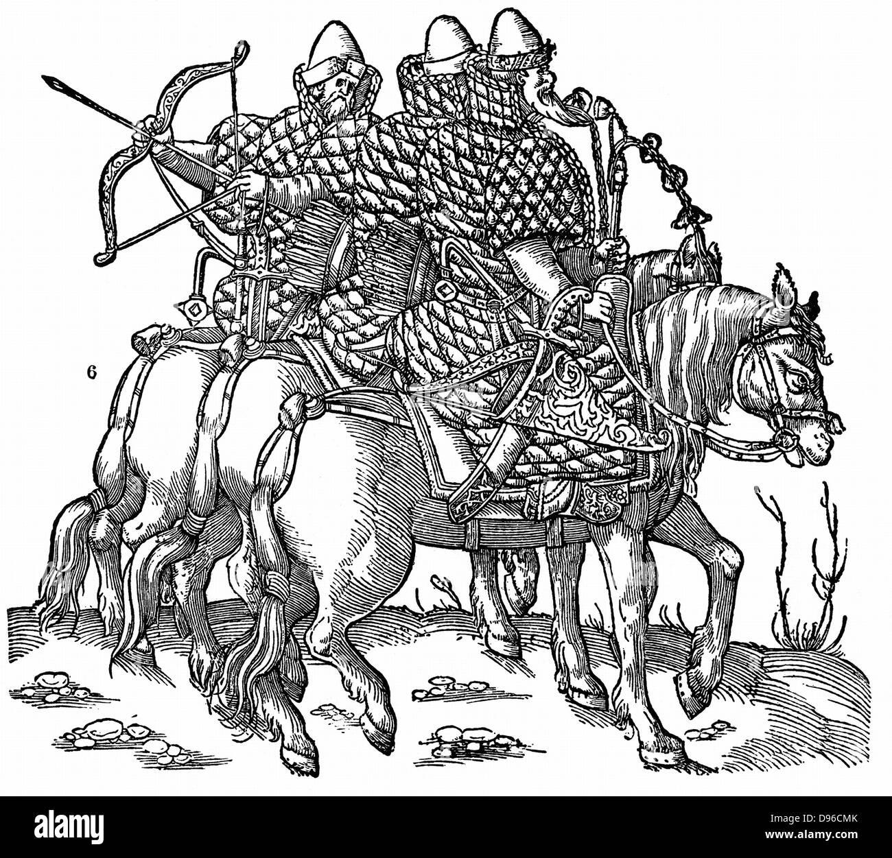 Mounted Muscovite warriors equipped with bows and arrow, swords and quilted armour. Woodcut 1556. Stock Photo