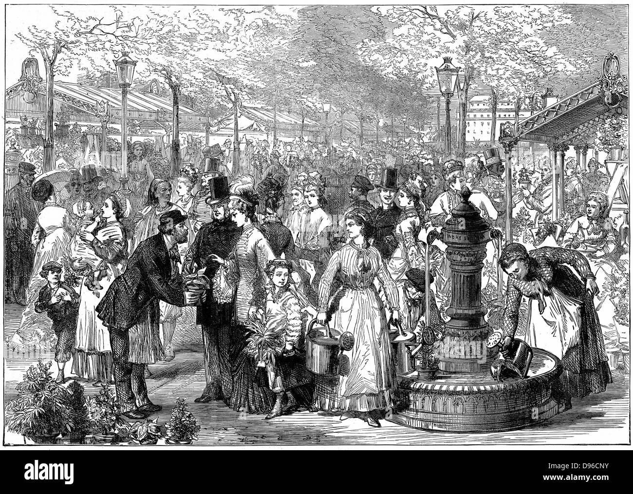 New Flower Market, Paris. Flower sellers filling their water cans at the fountain. From 'The Illustrated London News', 4 July 1874. Stock Photo