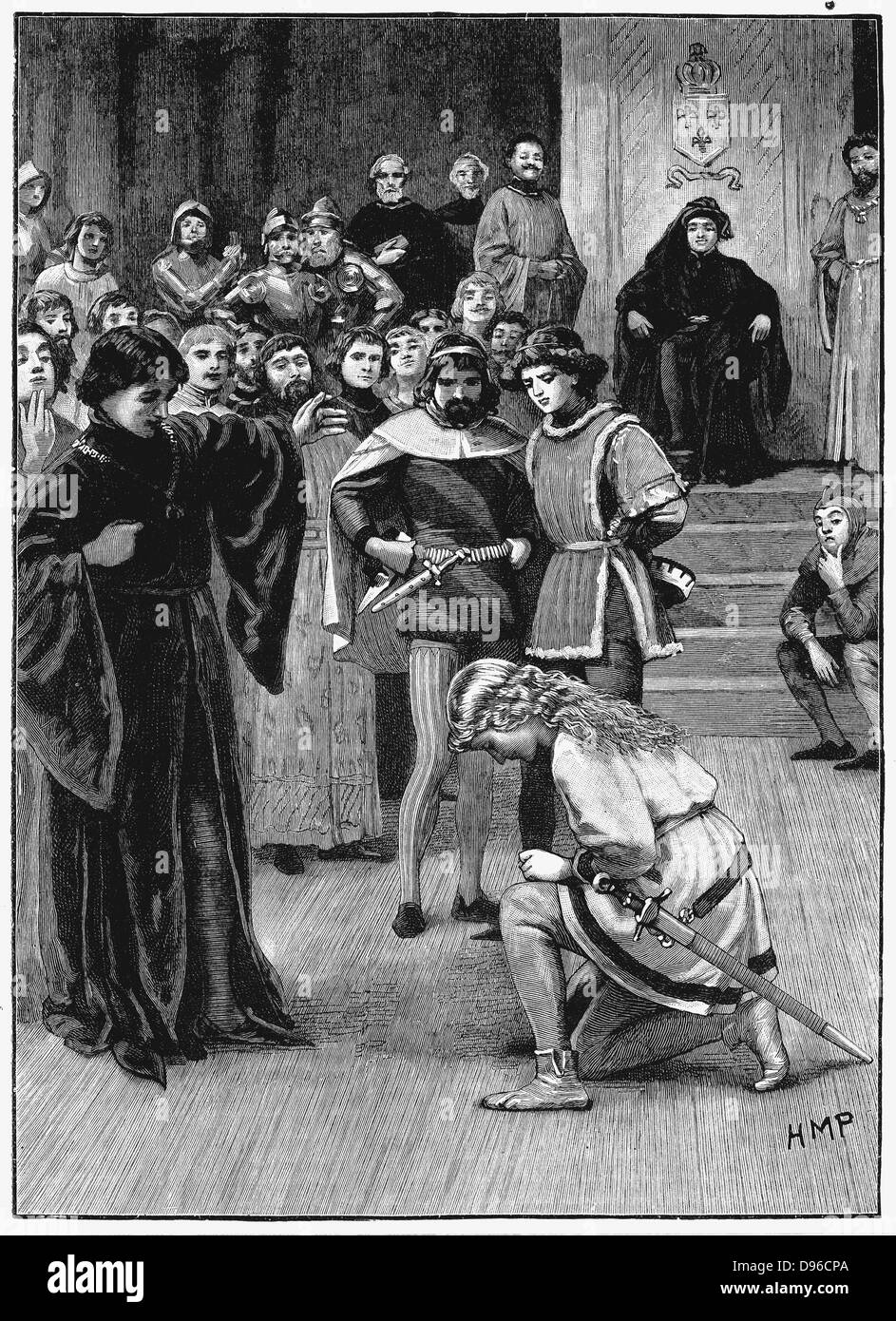 Joan of Arc (c1412-31) St Joan, St Jeanne d'Arc, the Maid of Orleans. French patriot and martyr. Joan before Charles VII at Chinon, 1429. Wood engraving c1880 Stock Photo