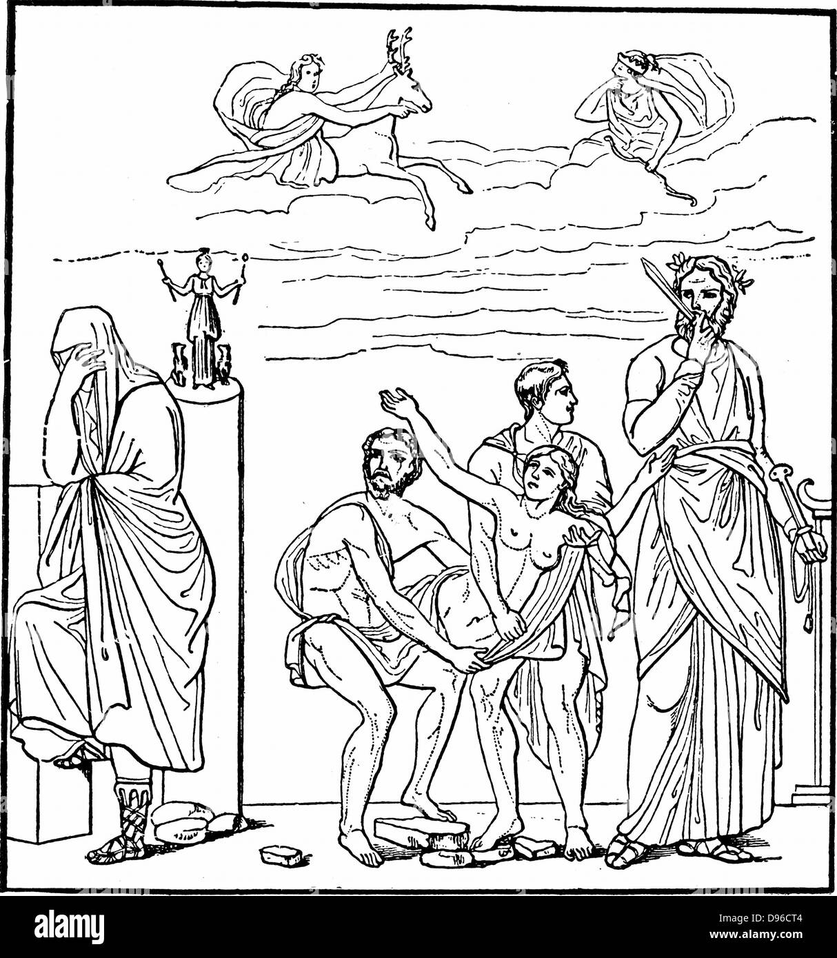 Iphigenia, daughter of Agamemnon, king of Mycenae. Sacrifice of Iphigenia by her father at Aulis to secure favourable winds for the fleet to sail against Troy. Rescued, according to legend, by Artemis (Diana) and carried to Tauris where she became a a priestess. Euripedes uses her story as plot material for two dramas. Stock Photo