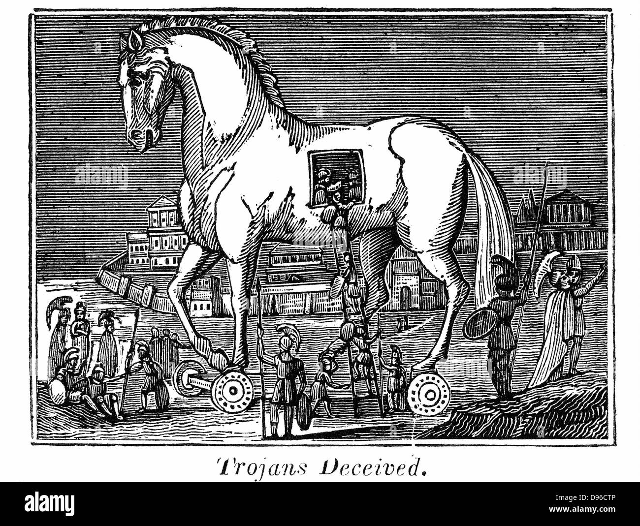 Trojan Horse: Greek raiding party secreting themselves in the great wooden horse, 13th or 12th century BC. From the Rev. Royal Robbins 'The World Displayed', New York, 1830 Stock Photo
