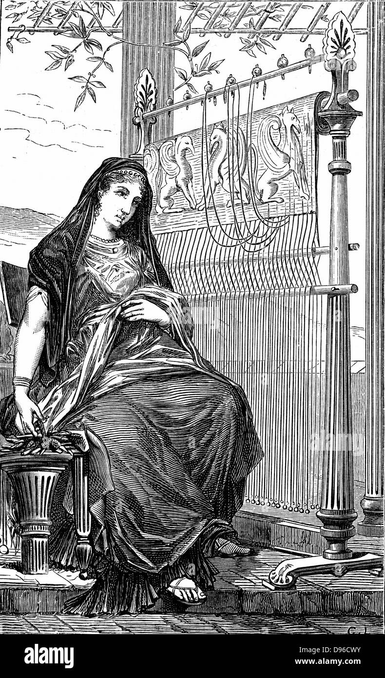 Penelope and her loom. In Ancient Greek legend wife of Ulysses, mother of Telemachus and an example of domestic virtue. When besieged by suitors during Ulysses long absence, she promised them a decision when her piece of work was complete. She wove all day, and sat up with her ladies overnight undoing her labours. Wood engraving 1886. Stock Photo