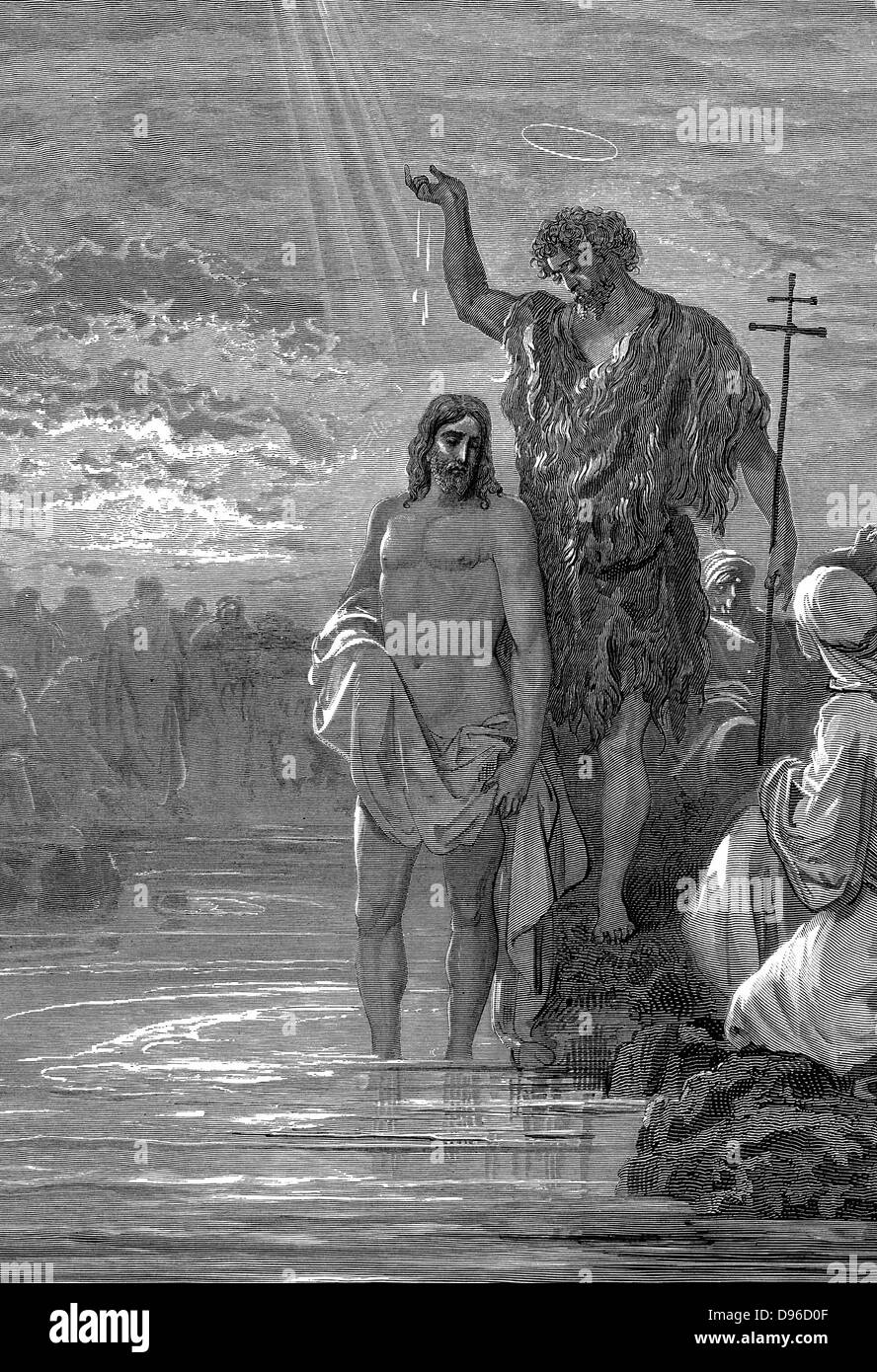 John the Baptist, wearing an animal skin, baptising Jesus. Bible: Matthew III.15. Illustration by Gustave Dore, 1865-1856. Wood engraving. Stock Photo