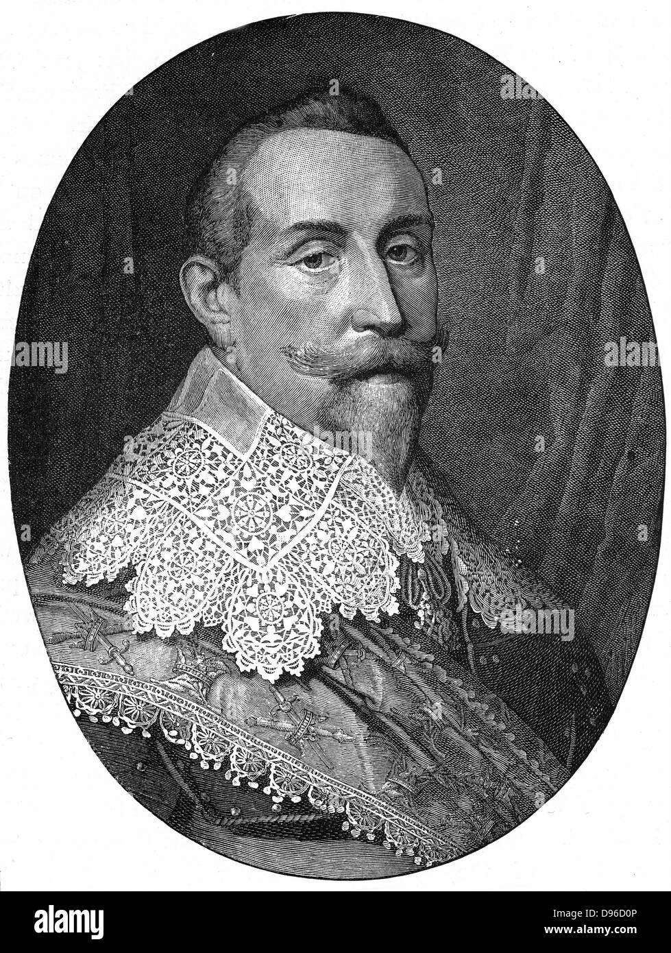 Gustav II Adolf (Gustavus Adolphus 1594-1632) King of Sweden from 1611. Leader of Protestants in Thirty Years War. Engraving after portrait by Miereveldt. Stock Photo