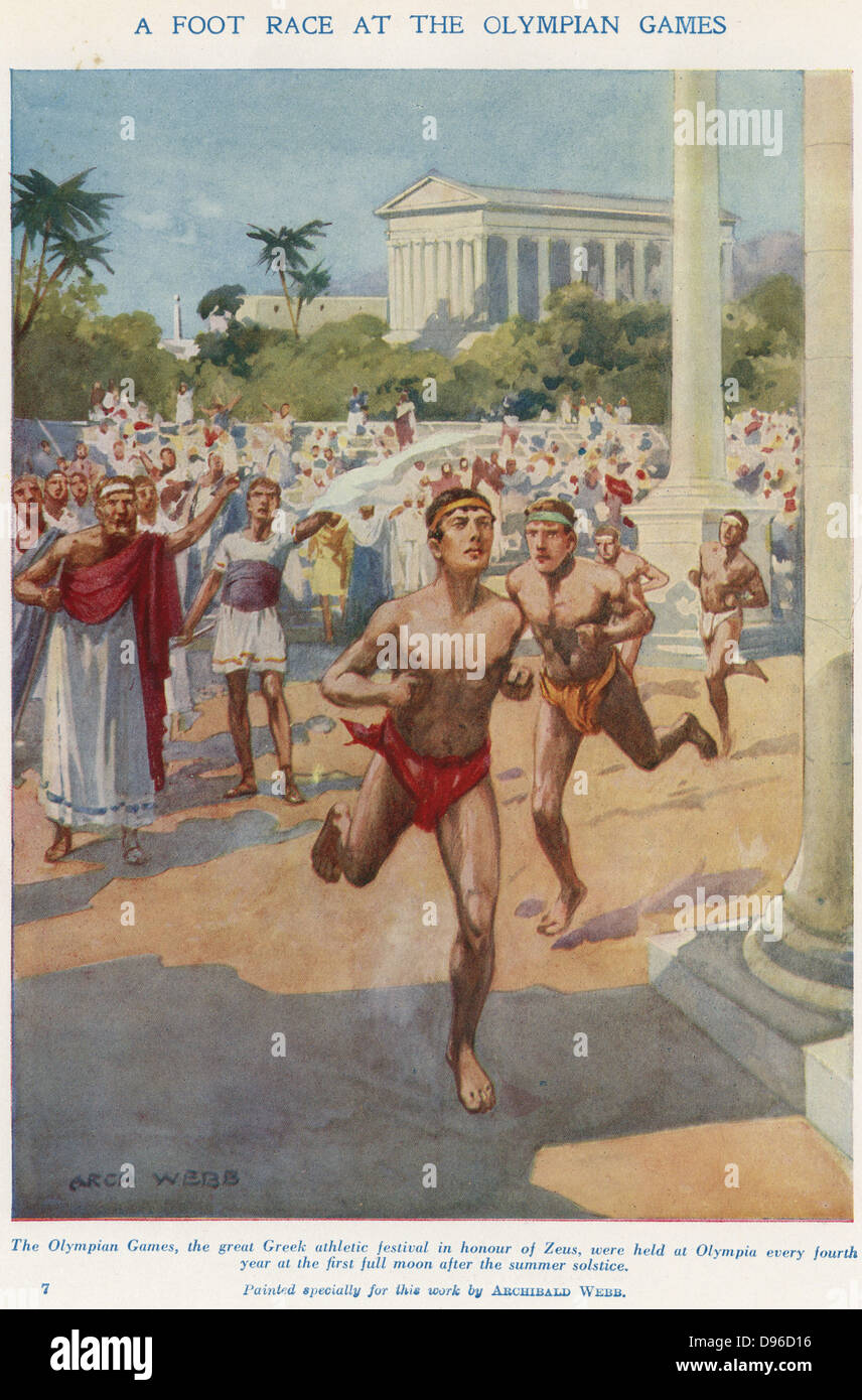 Ancient Olympic Games held in the honour of Zeus.   Runners competing in a foot race. Early 20th century illustration. Stock Photo
