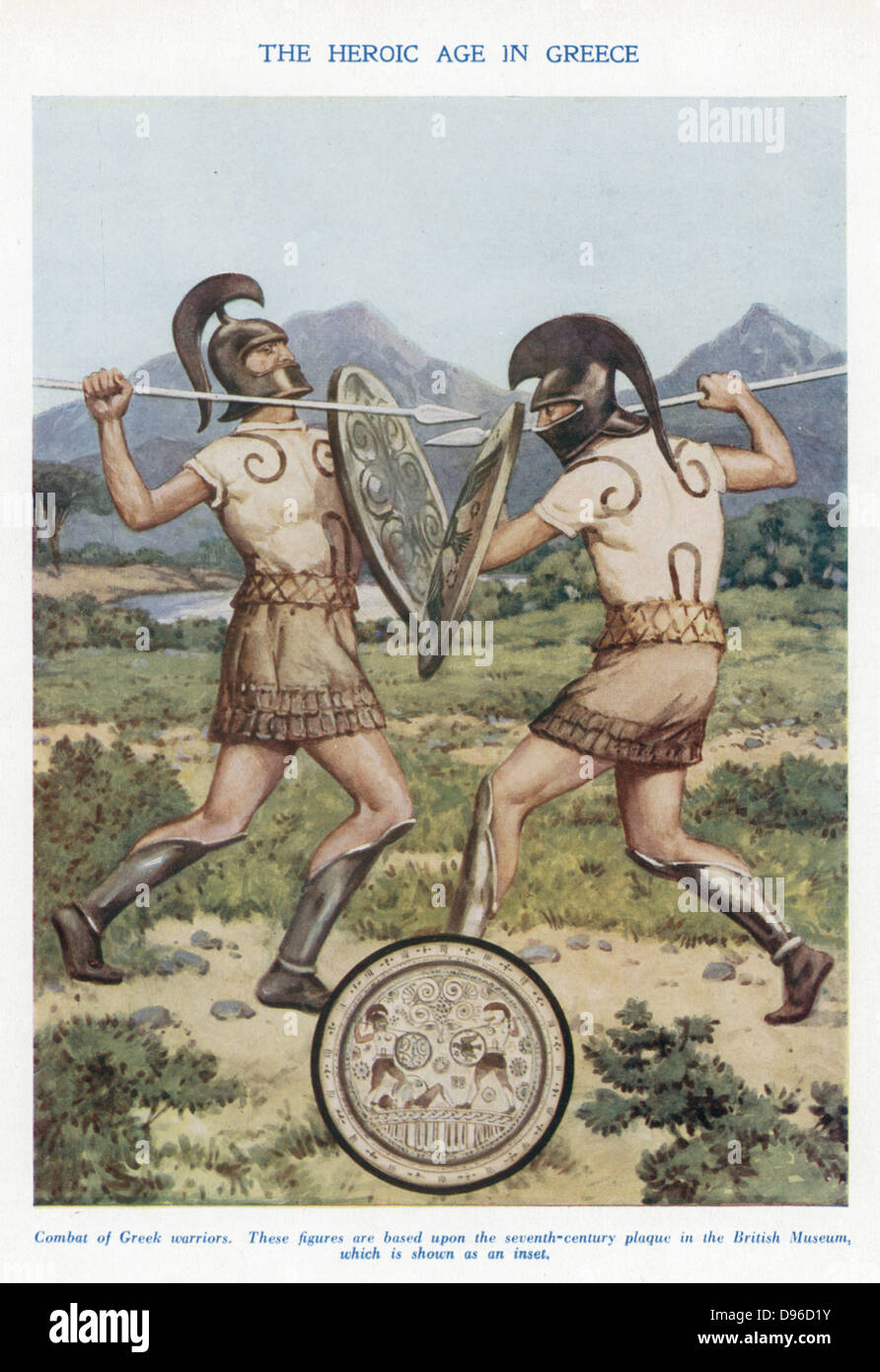 Greek warriors in hand-to-hand combat. Early 20th century illustration based on an ancient representation. Stock Photo