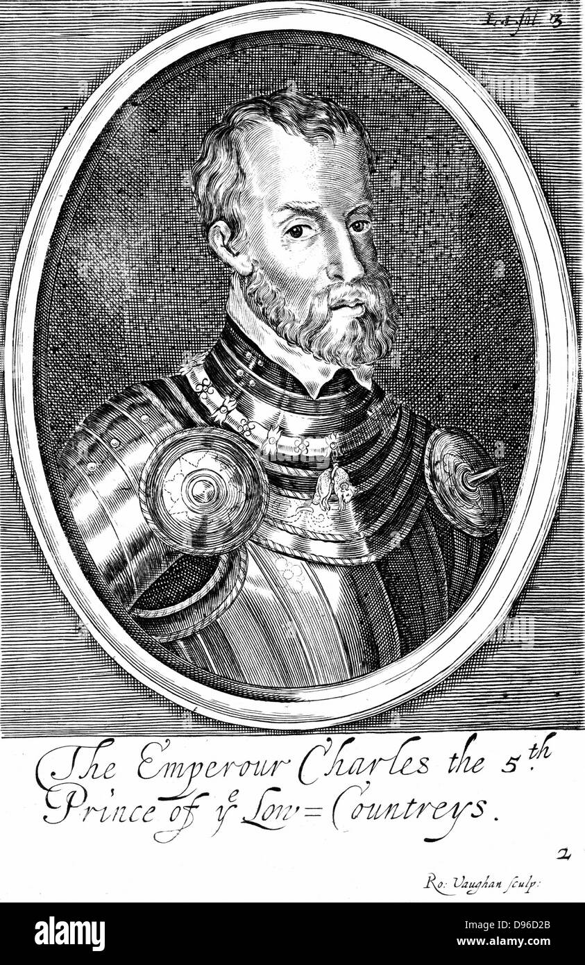 Charles V (1500-1553) Holy Roman Emperor from 1519. Shown here in armour  and wearing chain of Order of the Golden Fleece.  Founder of Habsburg dynasty. 17th century copperplate engraving . Stock Photo
