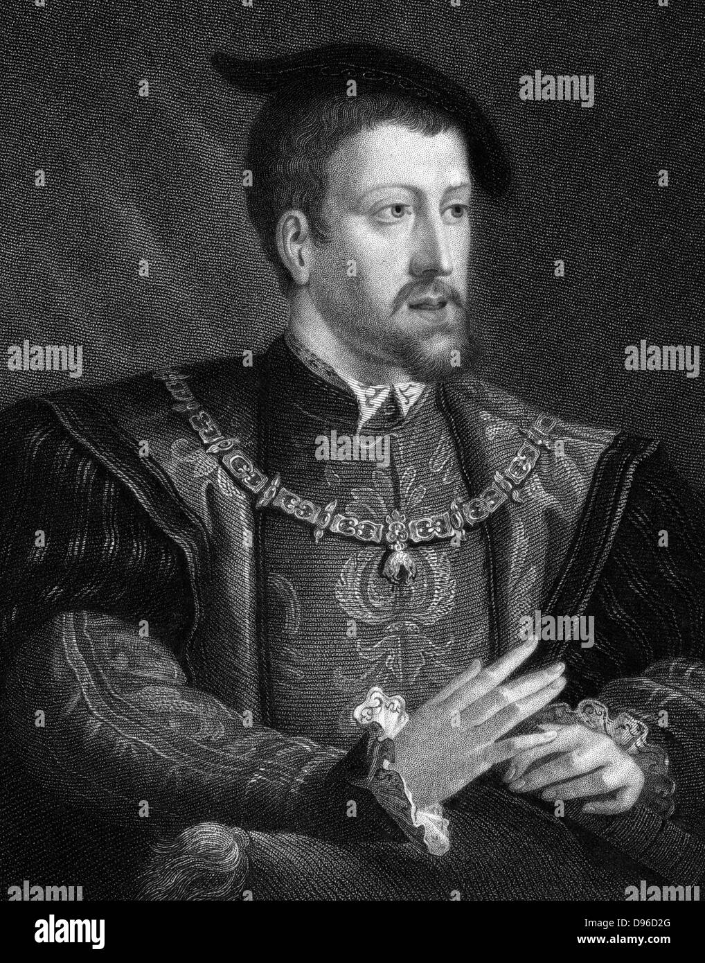Charles V (1500-1553) Holy Roman Emperor from 1519. Shown here wearing chain of Order of the Golden Fleece.  Founder of Habsburg dynasty. Engraving 1835. Stock Photo