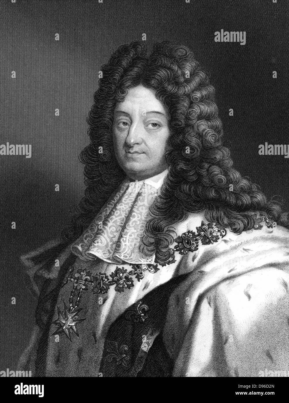 Louis XIV (1638-1715) king of France from 1643. Known as The Sun King (Le Roi Soleil). Engraving after portrait by Rigaud showing him wearing the Order of St Esprit. Stock Photo