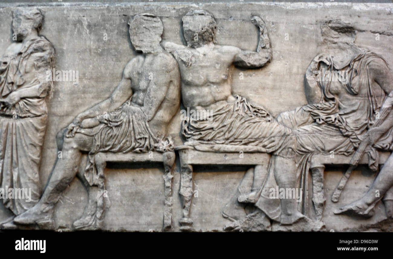 Detail from the Parthenon Frieze. Greek marble sculpture, made between 443-438 BC. The full frieze shows a narrative procession of men, women & horses. Stock Photo