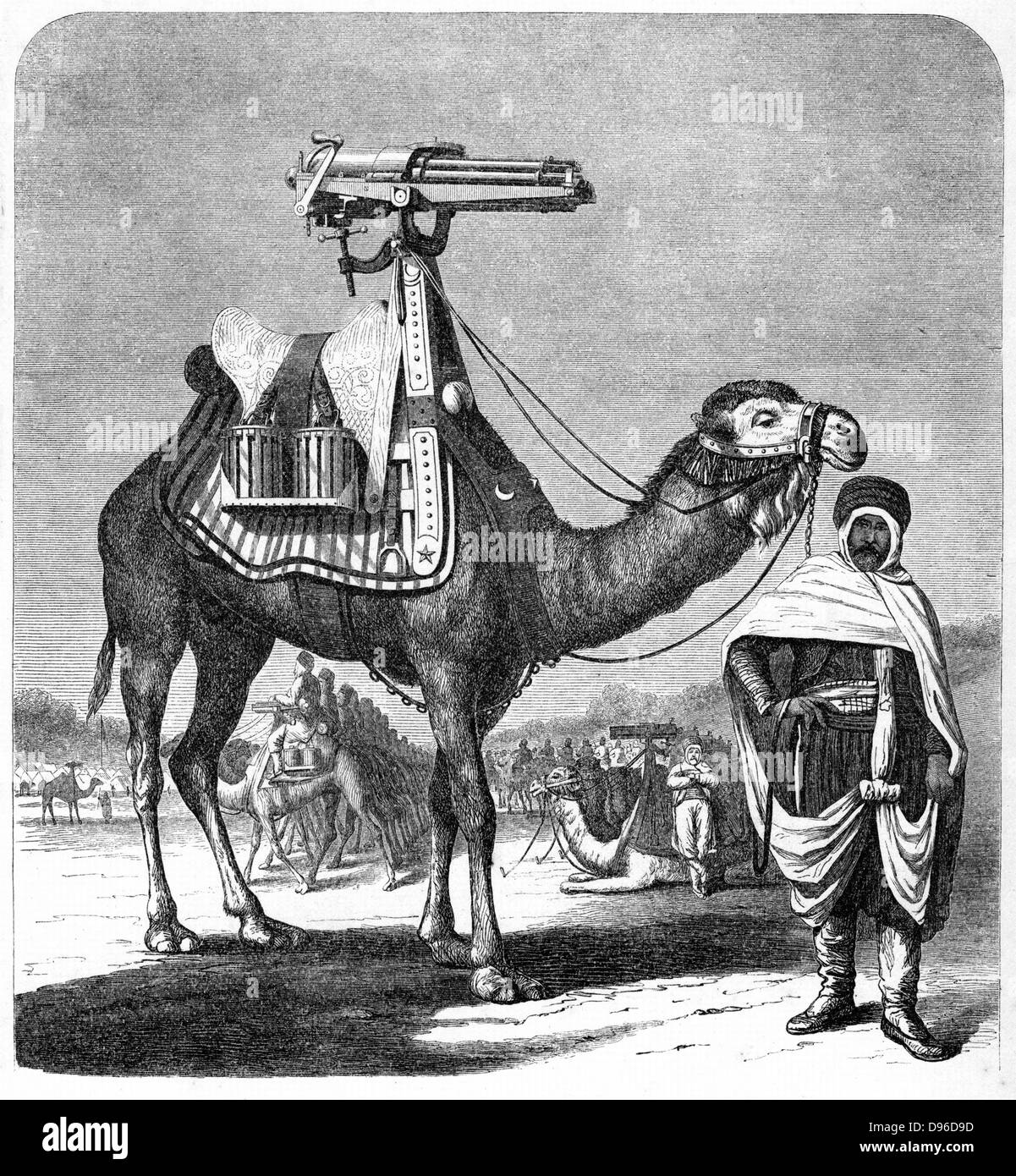 Gatling rapid fire gun (1861-62): Camel-mounted model. From 'The Science Record' New York, 1862. Engraving Stock Photo