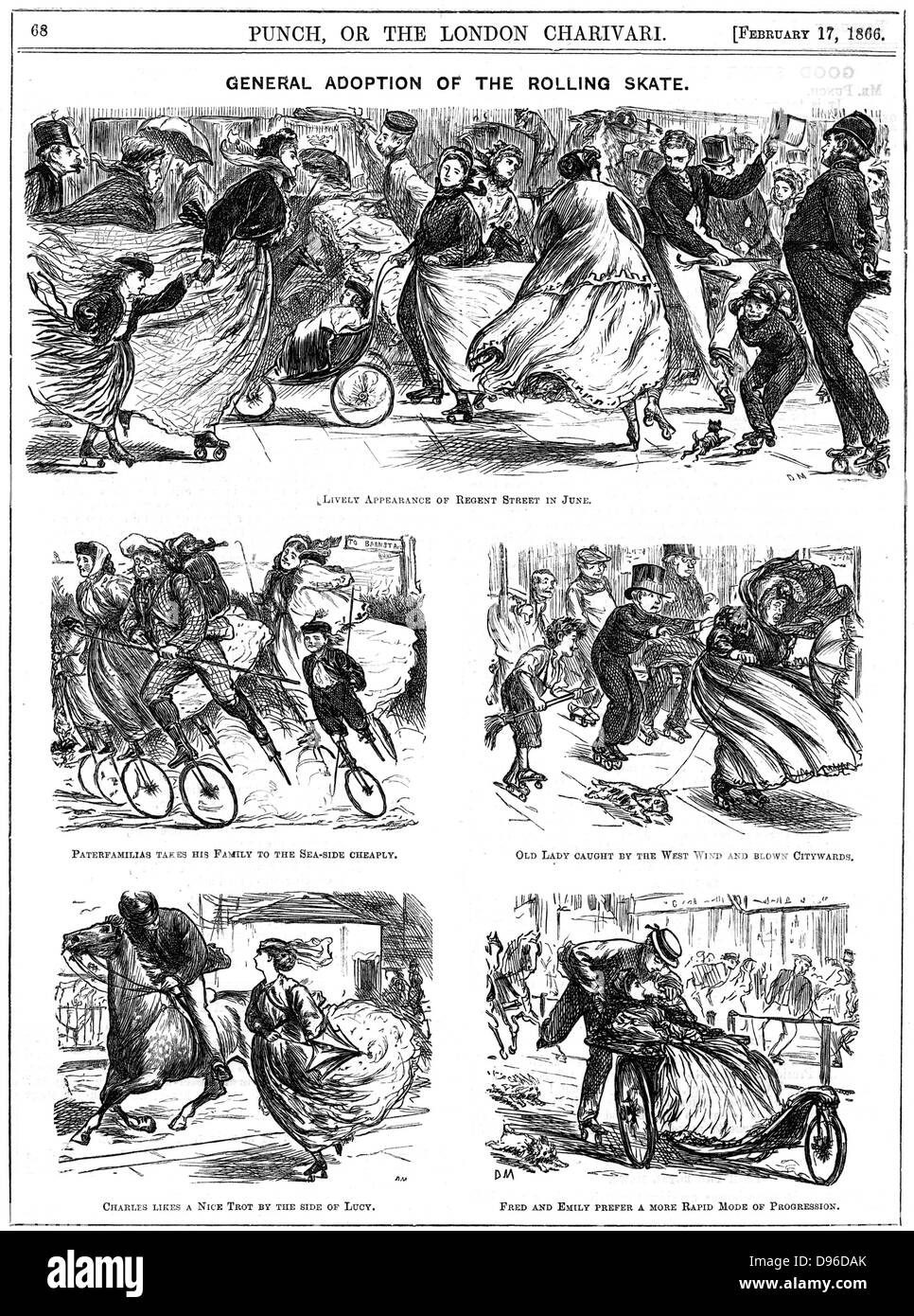 General Adoption of the Rolling Skate. George du Maurier cartoons from Punch, 17 February 1866. Engraving Stock Photo