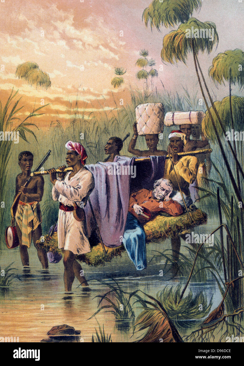 David Livingstone (1813-1873) Scottish missionary and African explorer being carried 'The Last Mile' to die at his African home in Ujiji, Tanganyika. Chromolithograph from 'The Life and Explorations of David Livingstone', c1880 Stock Photo