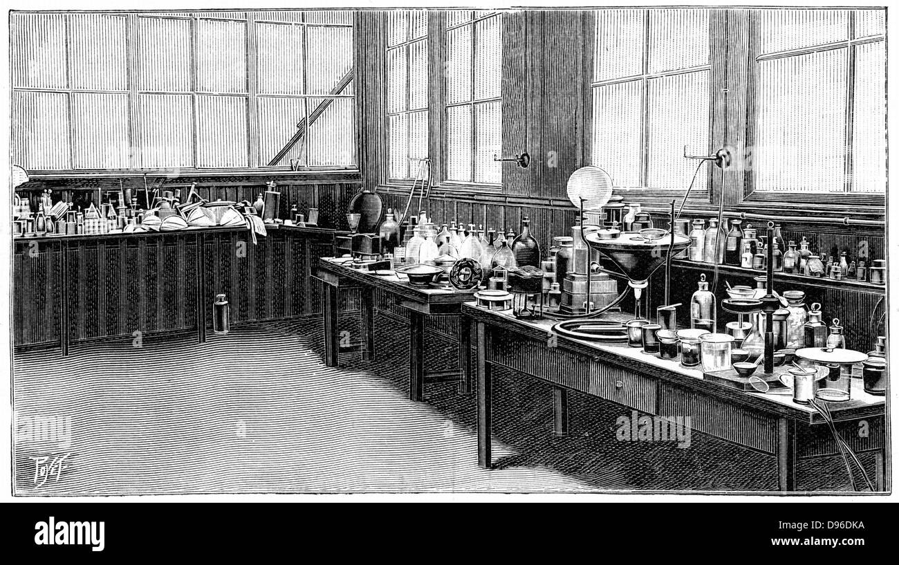 Part of Pierre and Marie  Curie's laboratory, Paris. Engraving published 1904. Stock Photo