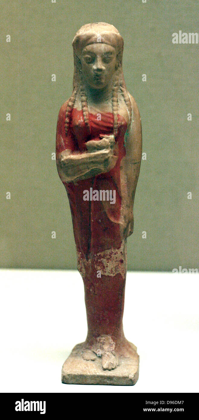 Terracotta Figureines of a woman Late Neolithic, 5300-4500 Bc Probably from Greece. Terracotta figurines were widely produced in the eastern Mediterranean region during the Neolithic period. The rounded forms of this figure evoke the concept of female fertility, though male figures, groups and animals are also known. the use of clay died out in the Cyclades in the Early Bronze age Stock Photo