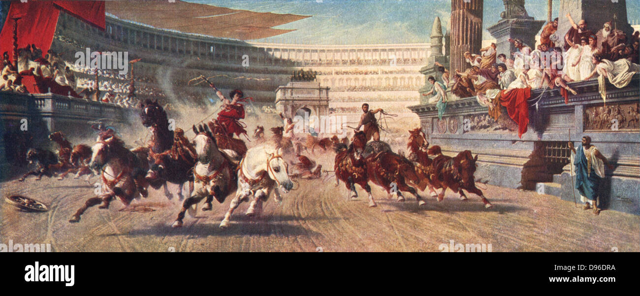 Chariot race in Ancient Rome, late 19th century illustration. Bread and circuses were two methods used to keep Emperors in favour with the citizens of Rome. Stock Photo
