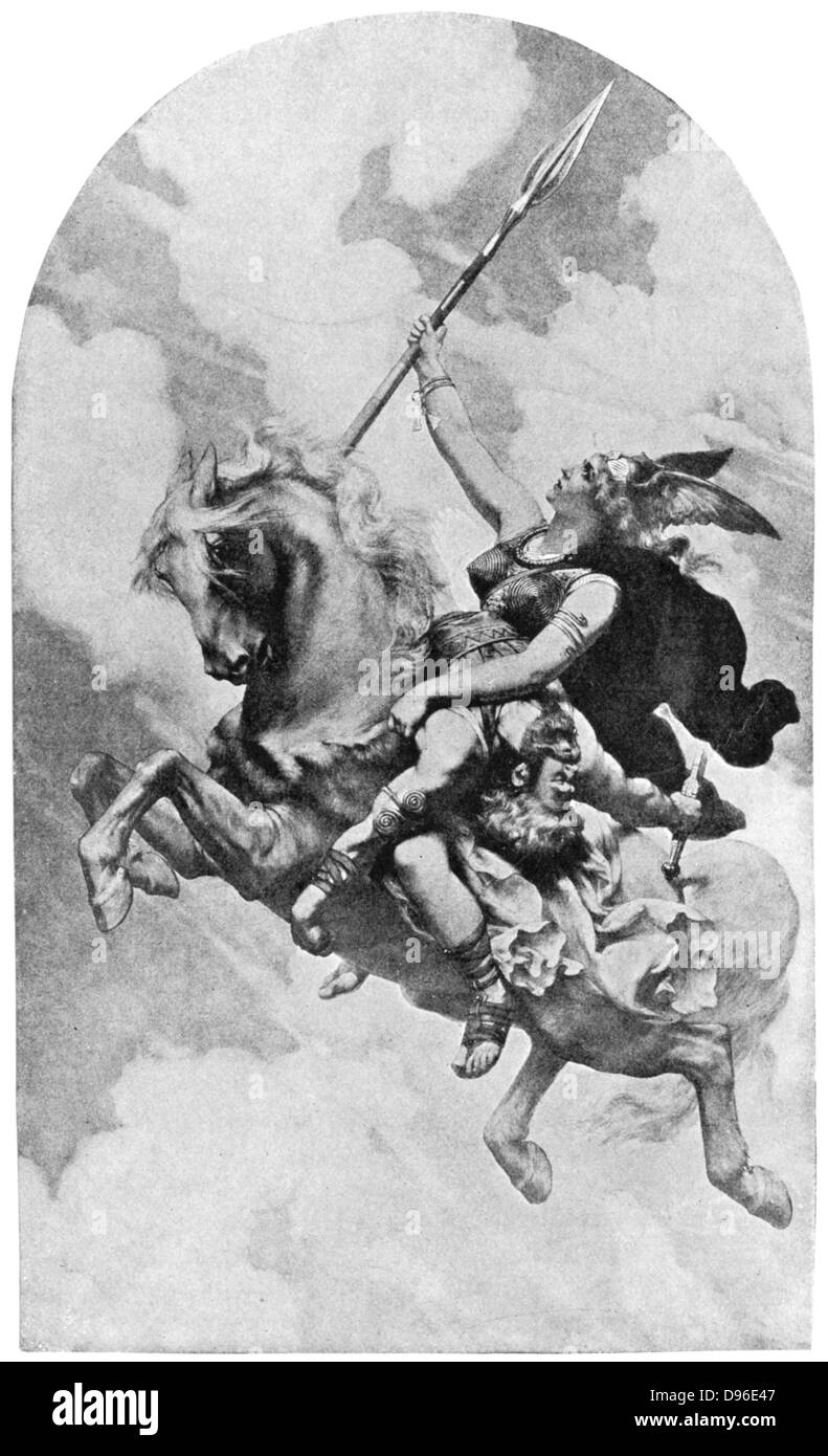 Brunhilde foremost of the Valkyries, daughter of Wotan and Erda, bearing a wounded warrior to Valhalla.  Illustration for the opera 'Die Walkure' by Richard Wagner. Stock Photo