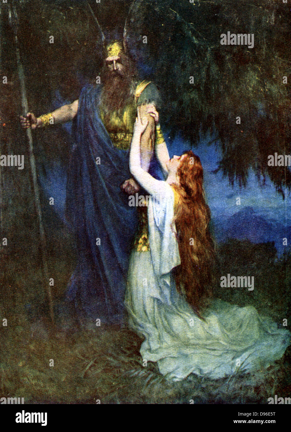 Brunhilde foremost of the Valkyries, daughter of Wotan and Erda, pleading with her father.  Illustration for the opera 'Die Walkure' by Richard Wagner. Stock Photo