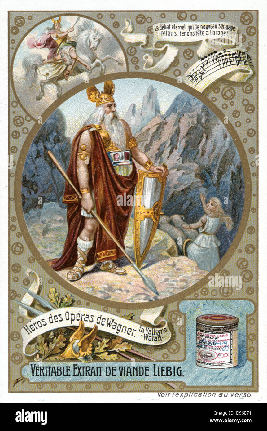 Wotan (Odin) god of wisdom, poetry and war. At top left hiss daughter Brunhilder, foremost of the Valkyries carries a wounded warrior to Valhalla. Illustration for the opera 'Die Walkure' by Richard Wagner from a Liebig trade card c1900. Chromolithograph. Stock Photo