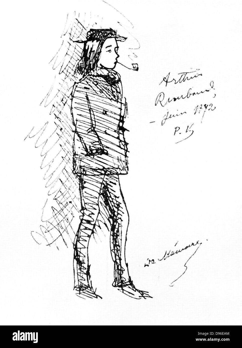 (Jean Nicolas) Arthur Rimbaud (1854-1891), French poet in 1871. After a sketch by Paul Verlaine. Stock Photo