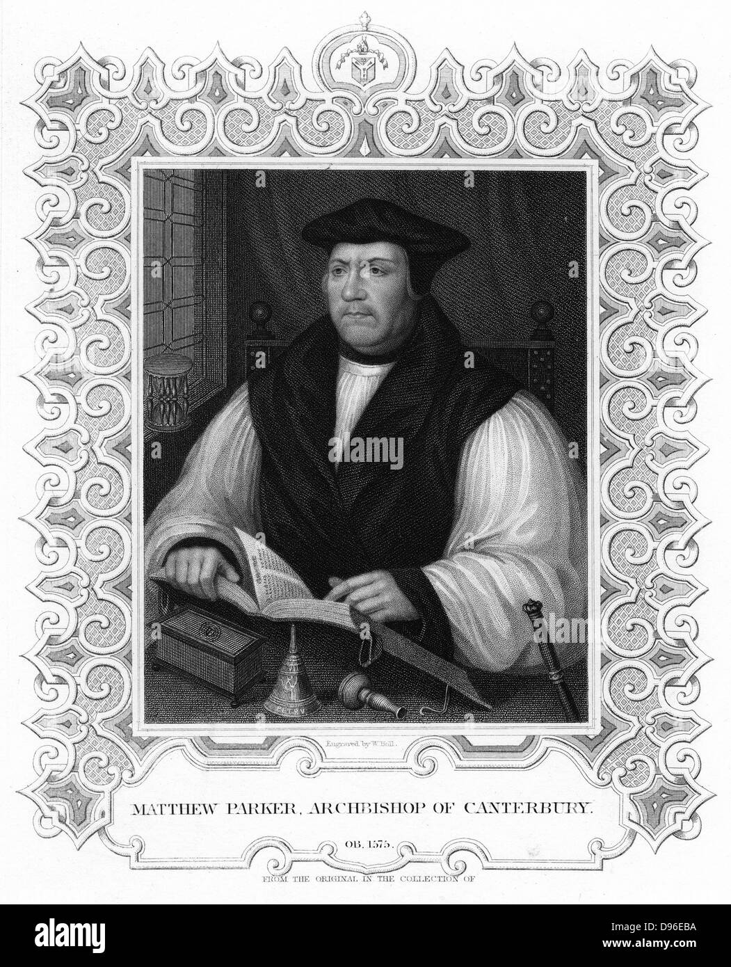 Matthew Parker (1504-1575), English prelate and second Anglican Archbishop of Canterbury from 1559. Engraving by W. Holl. Stock Photo