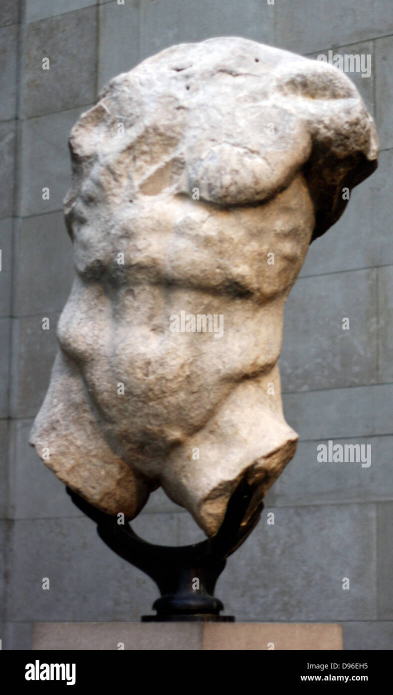 A timeworn stone statue thought to represent Hermes, a messenger god. Circa 447432 BC. From