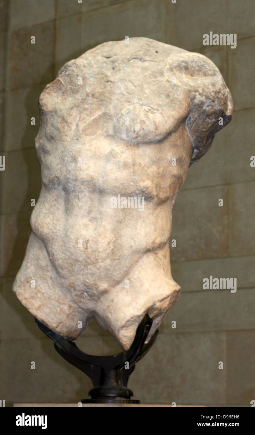 A timeworn stone statue thought to represent Hermes, a messenger god. Circa 447432 BC. From