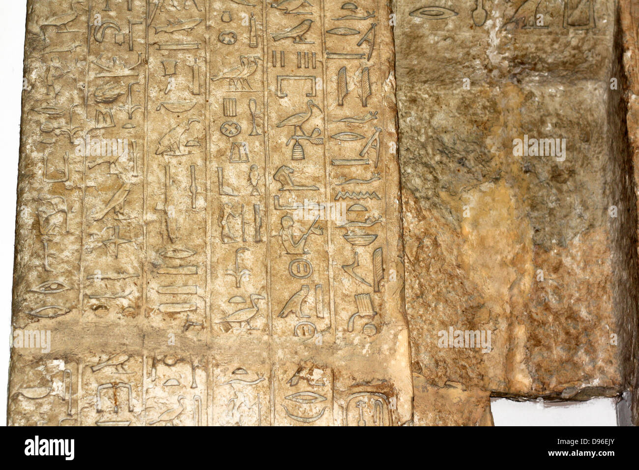 Egyptian Hieroglyphics from the false door of Kainefer. 5th Dynasty. made of limestone. Stock Photo