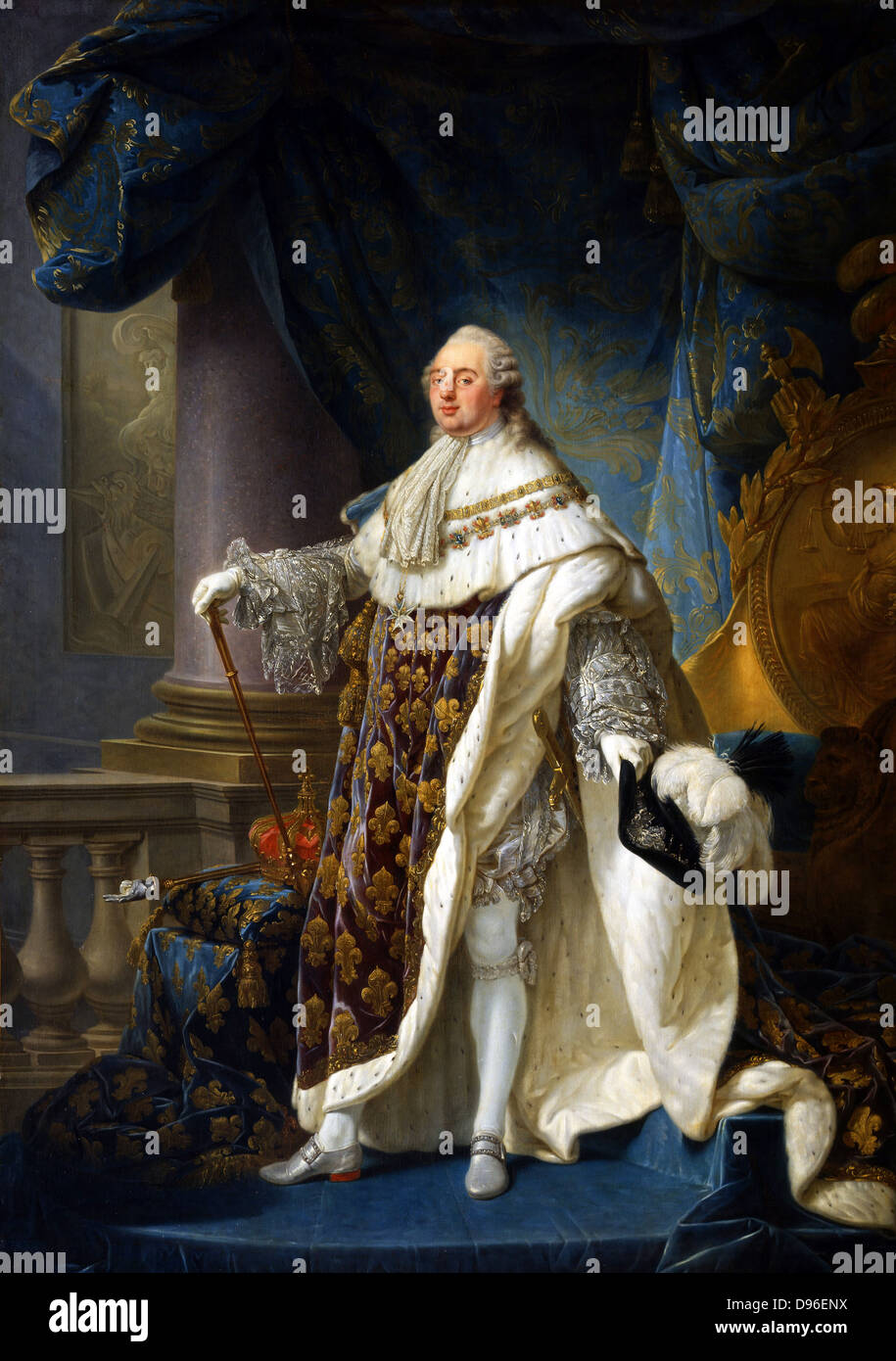 Painting of Louis XVI King of France and Navarre (1754-1793) Wearing his grand royal costume in 1779. Oil on canvas. by Antoine-François Callet. Displayed in the Palace of Versailles. Stock Photo