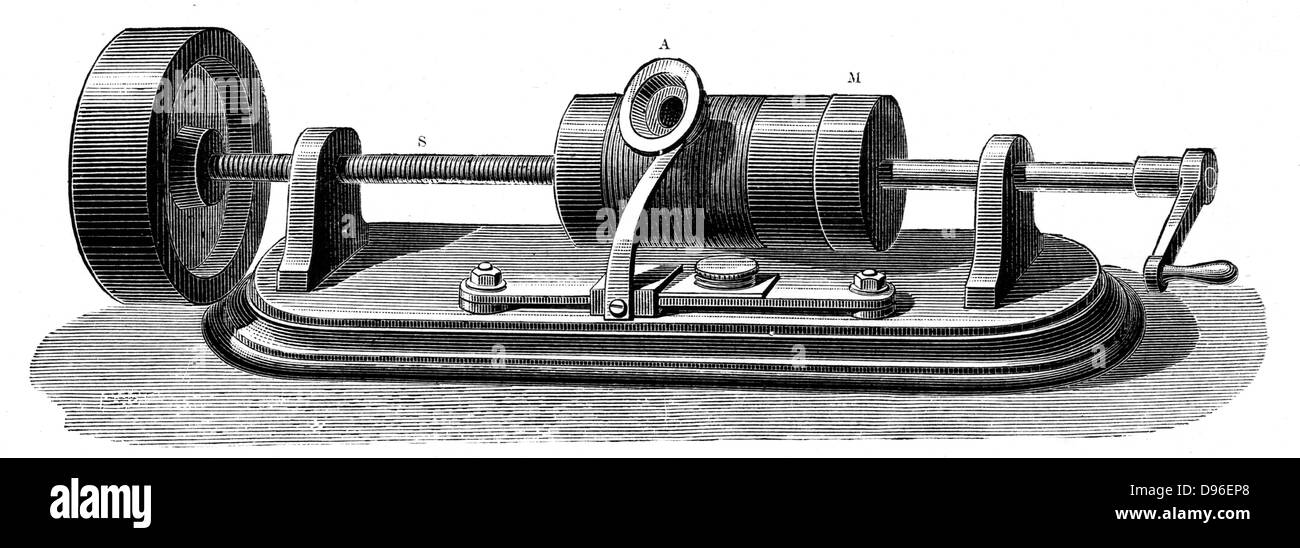 First model of Edison's Phonograph (c.1877).  In this model the recording cylinder was rotated by hand.  Engraving, c 1880 Stock Photo
